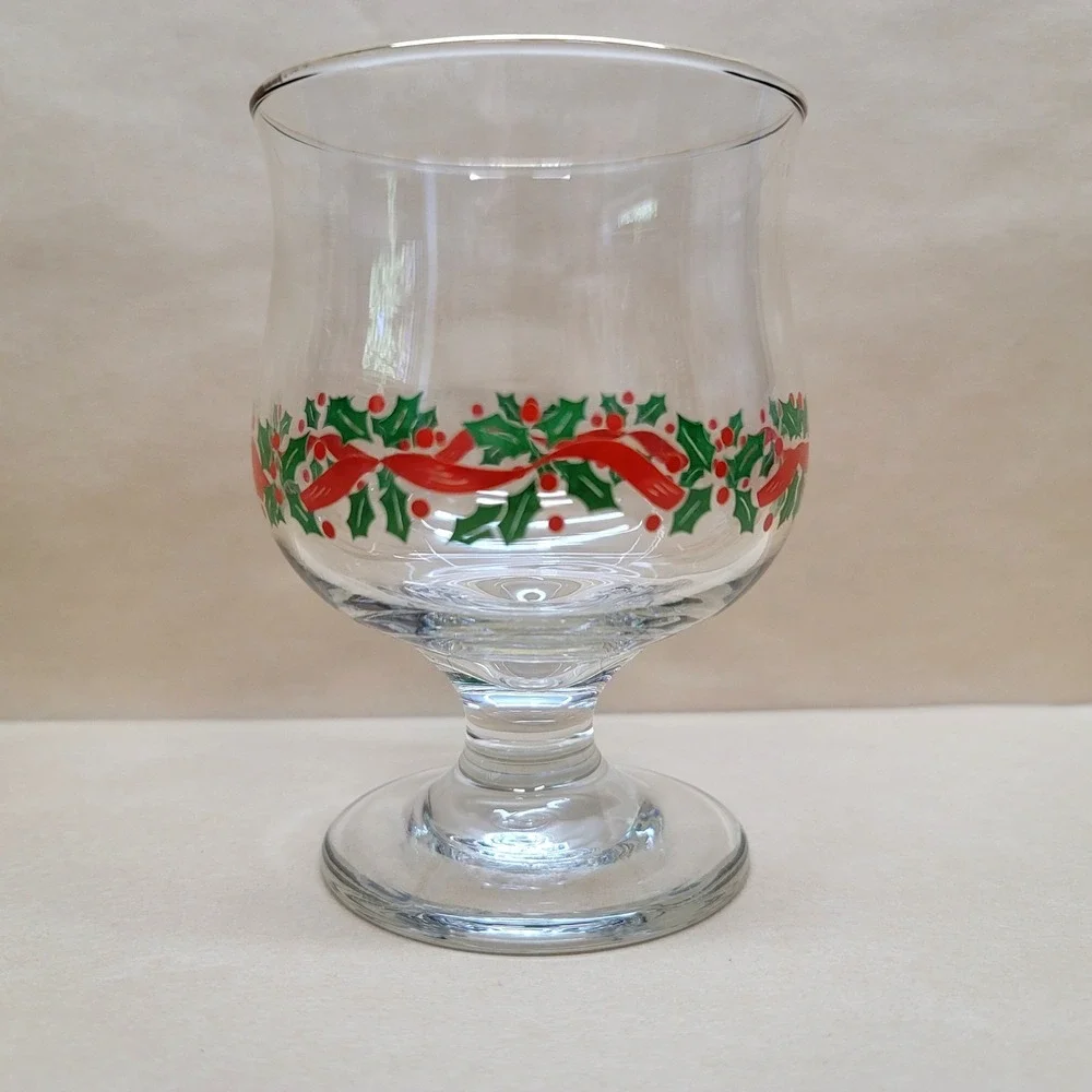Libbey Christmas Holly Ribbon Gold Rim Stemmed Dessert/Coupe Glasses Set of 4
